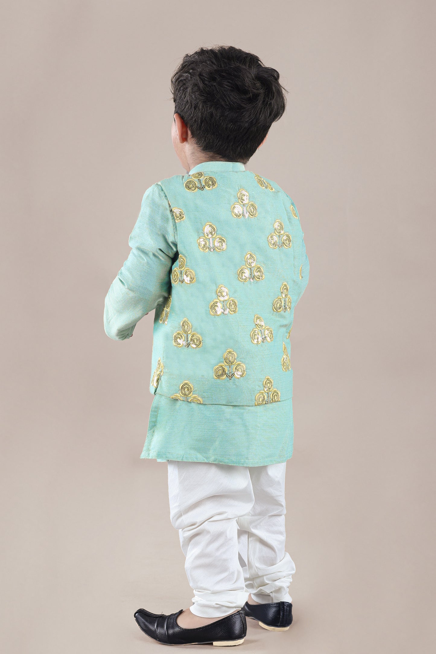 Aqua Blue Kurta With Flower Embroidery Jacket With Bottom Set