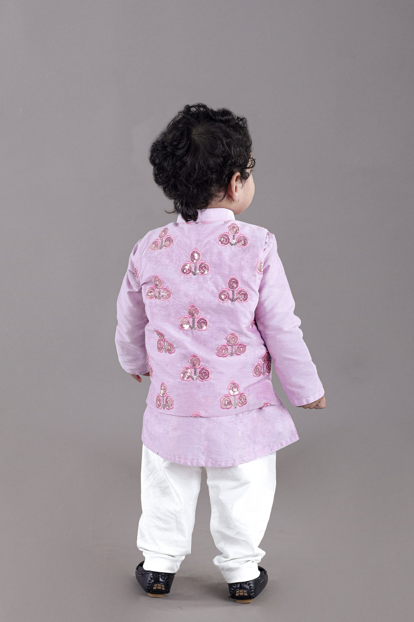 Lavender Kurta With Flower Embroidery Jacket With Bottom Set