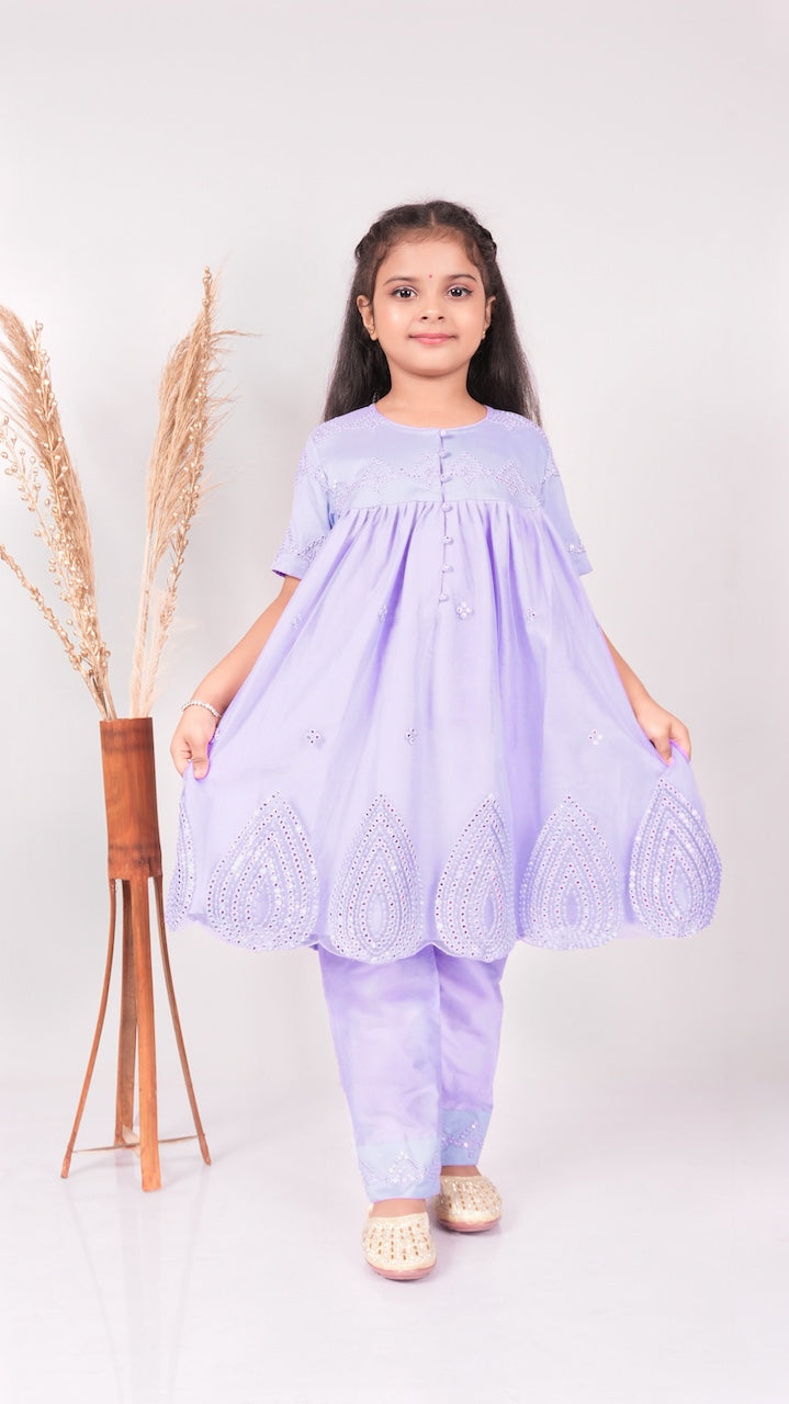 Lavender Mirror Embroidered Top With Pant Set