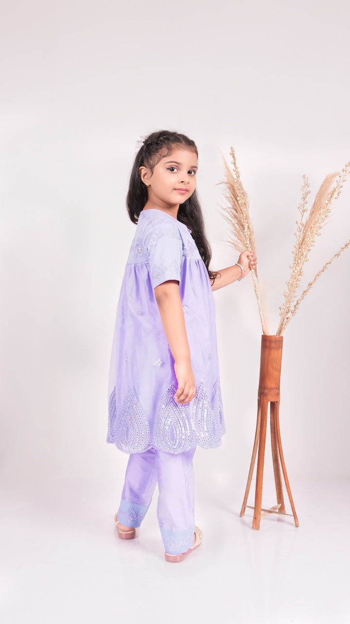 Lavender Mirror Embroidered Top With Pant Set