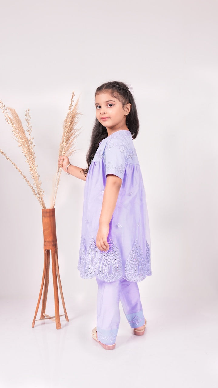 Lavender Mirror Embroidered Top With Pant Set