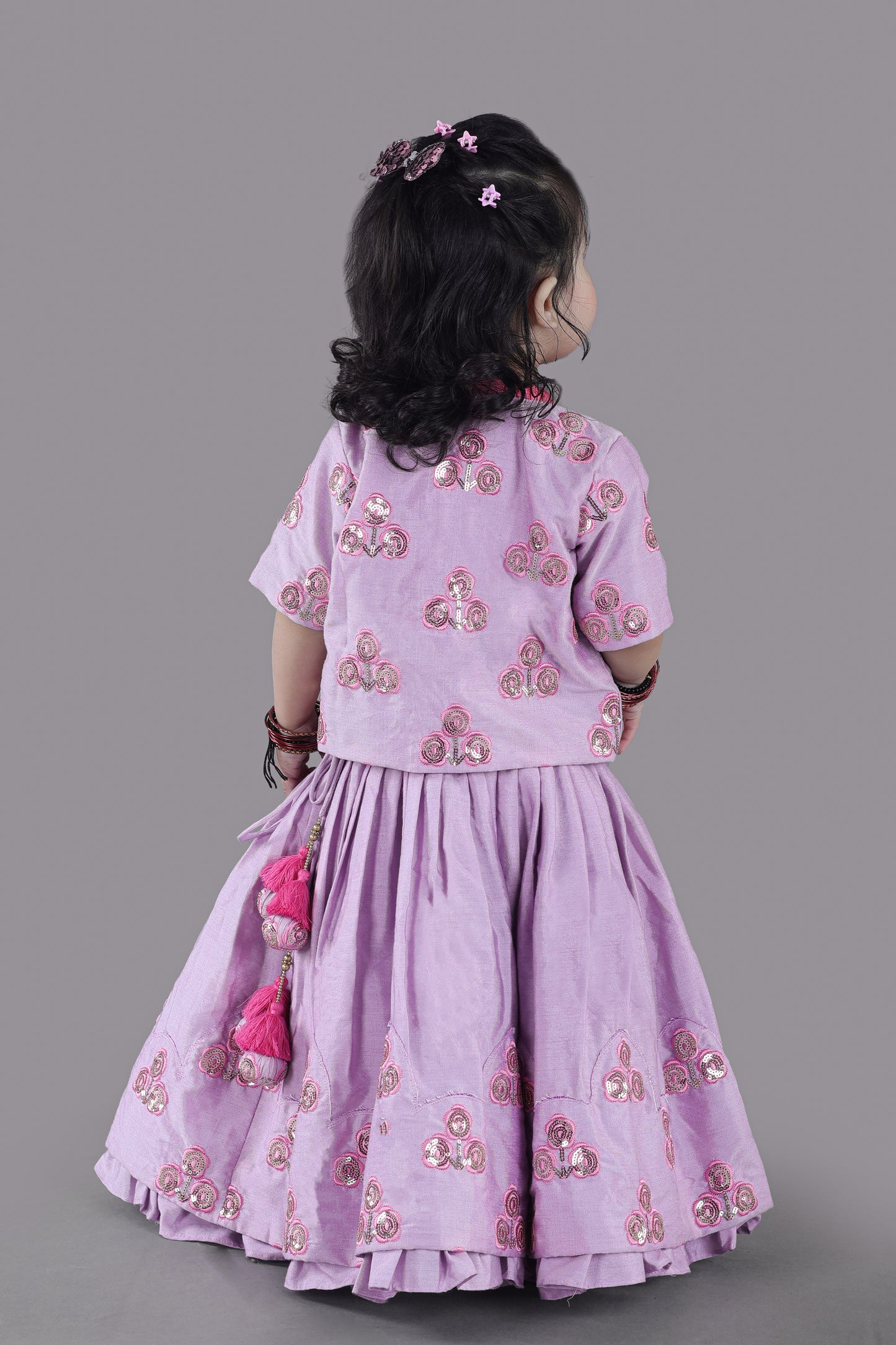 Lavender Flower Embroidered Blouse And Ghagara Set