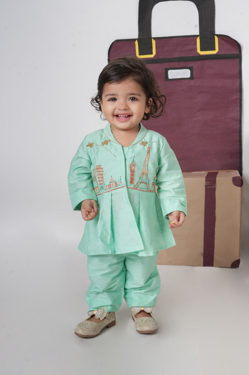 Mint Green Travel Theme Hand Embroidered Cord Set