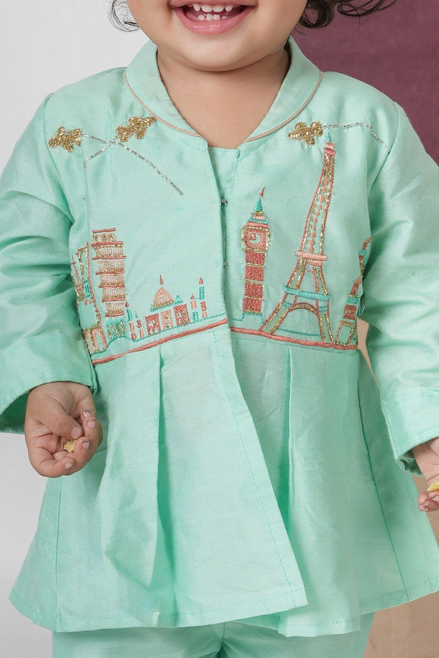 Mint Green Travel Theme Hand Embroidered Cord Set