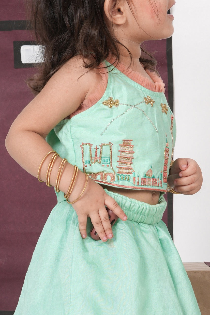 Mint Green Travel Theme Hand Embroidered Blouse With Double Layer Ghagara Set