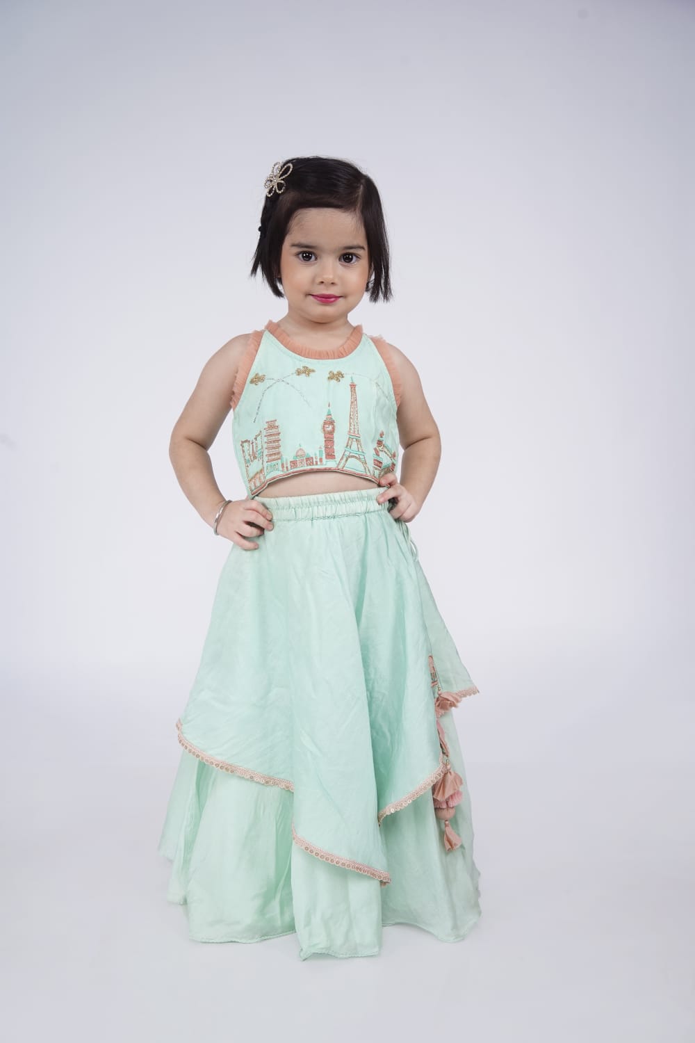 Mint Green Travel Theme Hand Embroidered Blouse With Double Layer Ghagara Set