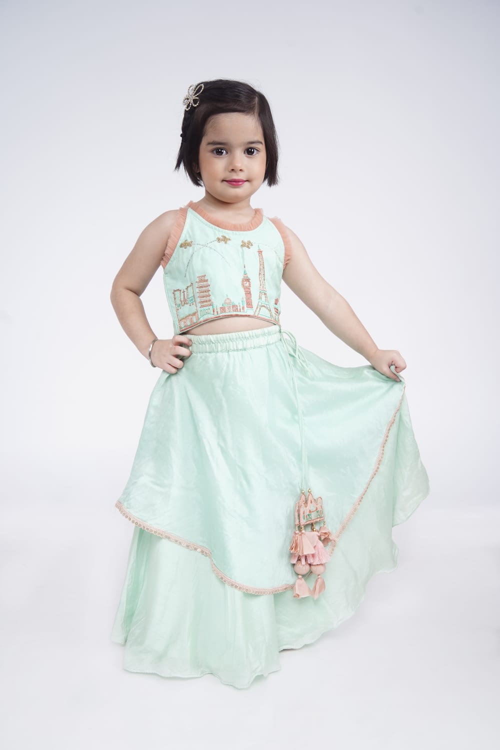Mint Green Travel Theme Hand Embroidered Blouse With Double Layer Ghagara Set