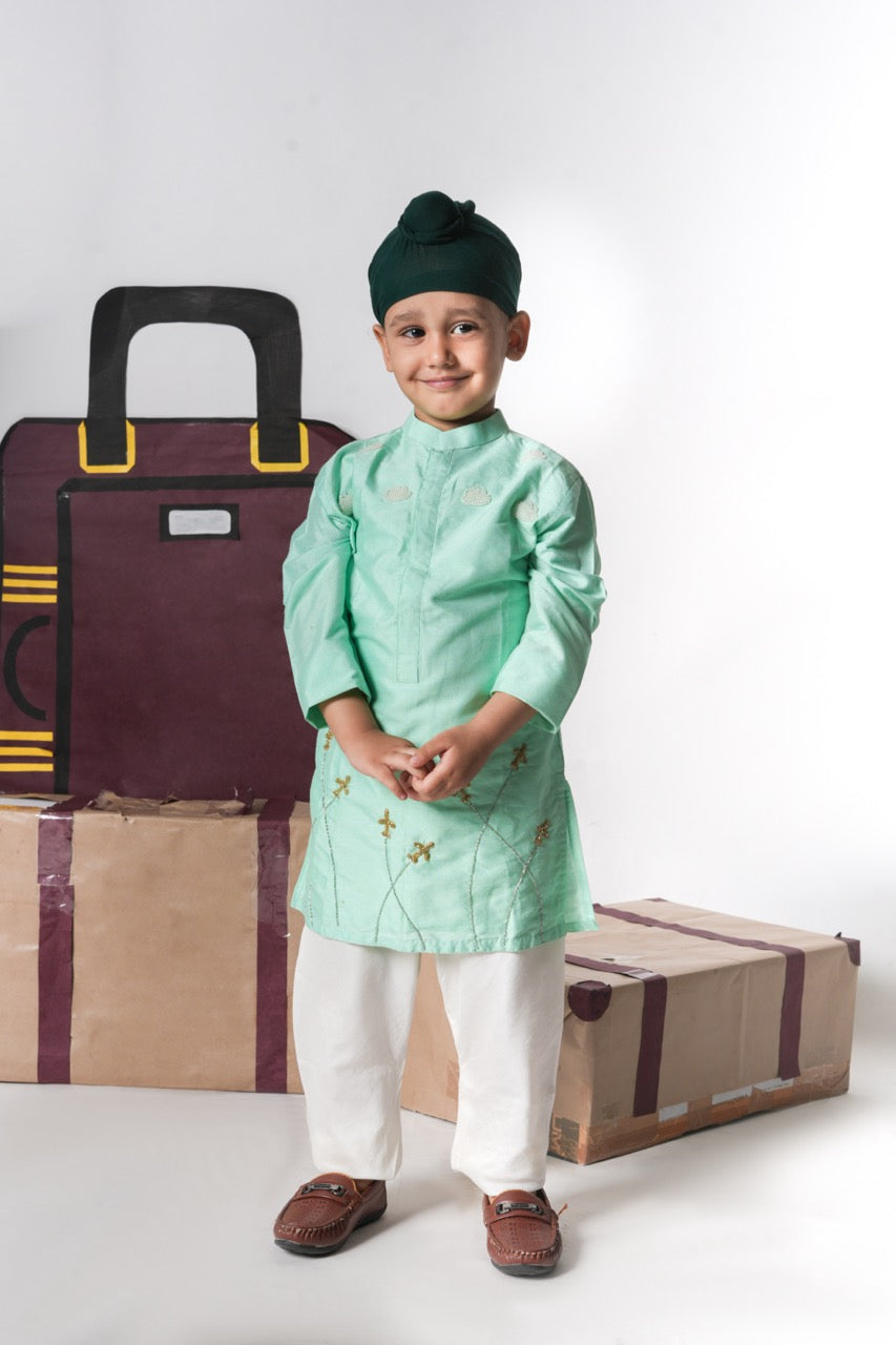 Mint Green Aeroplane/Clouds Hand Embroidery Kurta With Pajama Set