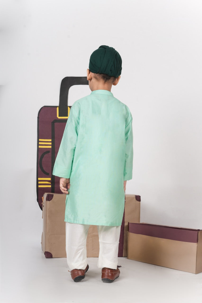 Mint Green Aeroplane/Clouds Hand Embroidery Kurta With Pajama Set