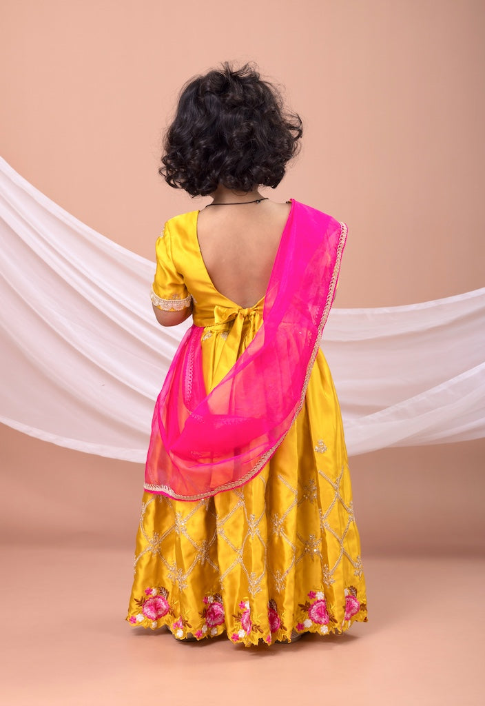 Mustard Yellow Embroidered Blouse With Flower Sclape Heavy Embroidered Ghagara Set