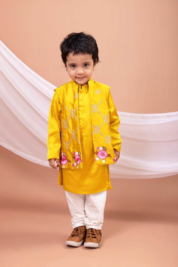 Mustard Yellow Kurta With Heavy Embroidered Open Jacket With Pajama Set