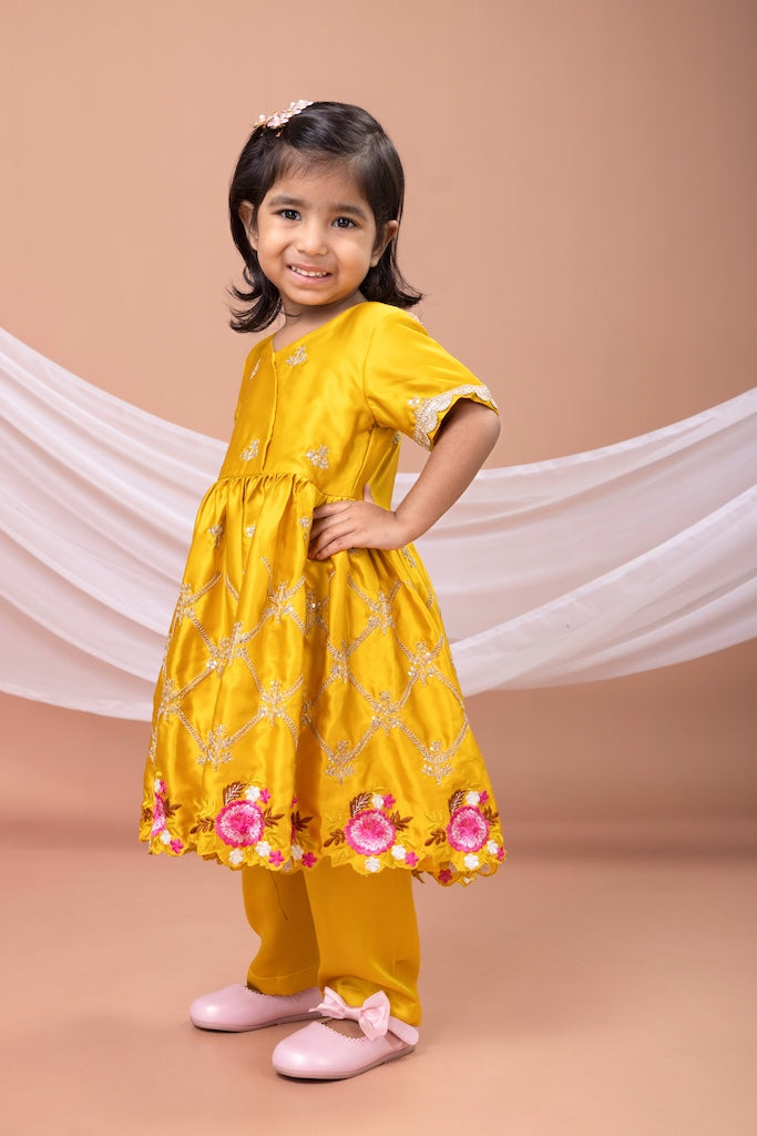 Mustard Yellow Embroidered Kurti Top With Pant Set