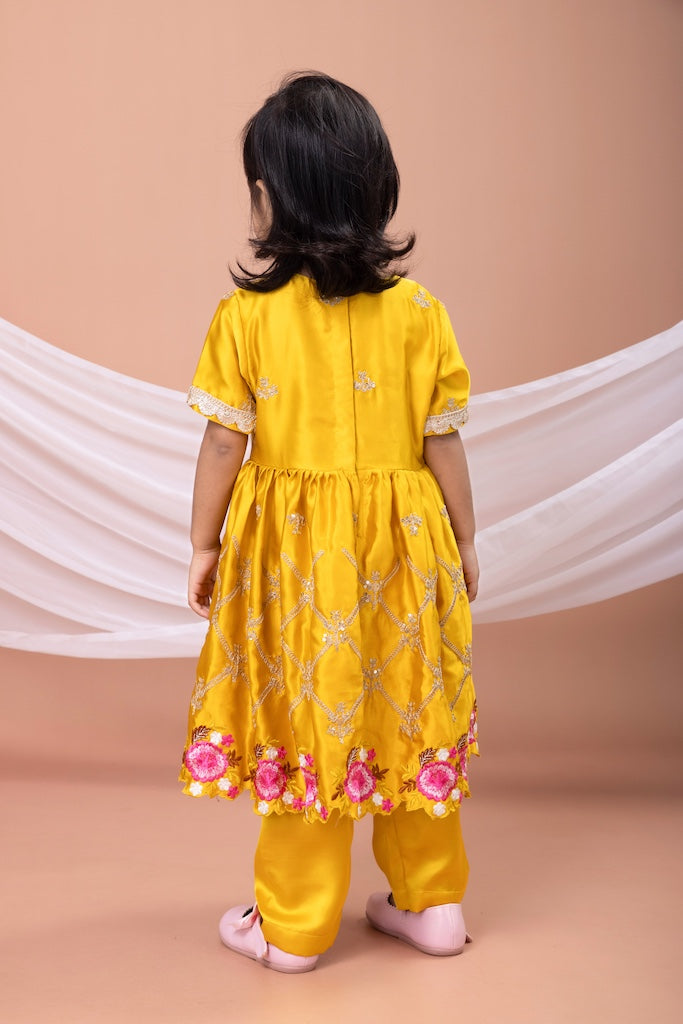 Mustard Yellow Embroidered Kurti Top With Pant Set