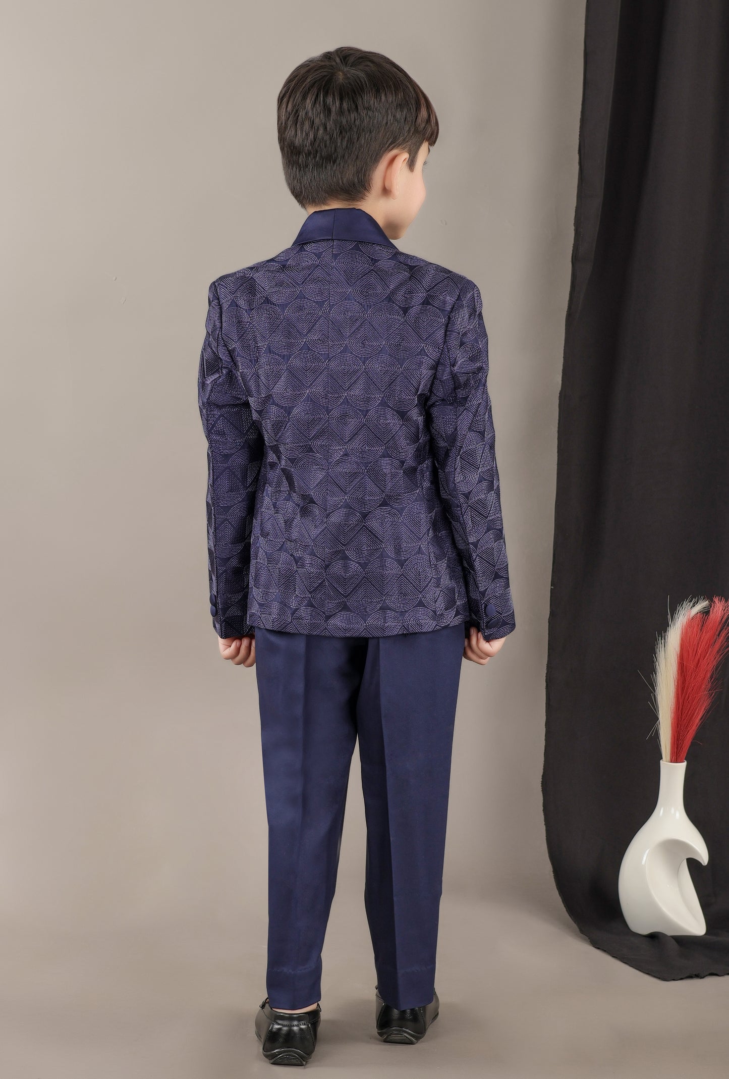 Navy Blue Heavy Embroidery Tuxedo With Shirt/Pant With Bow Tie Set