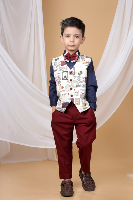 Navy Blue Shirt/Stamps Printed Beidge Waist Coat With Marun Pant/Bow Tie Set
