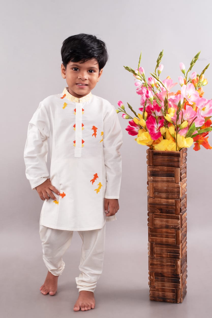 Off White Fish Embroidery Kurta With Churdar Set