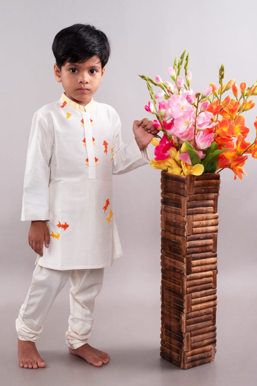 Off White Fish Embroidery Kurta With Churdar Set