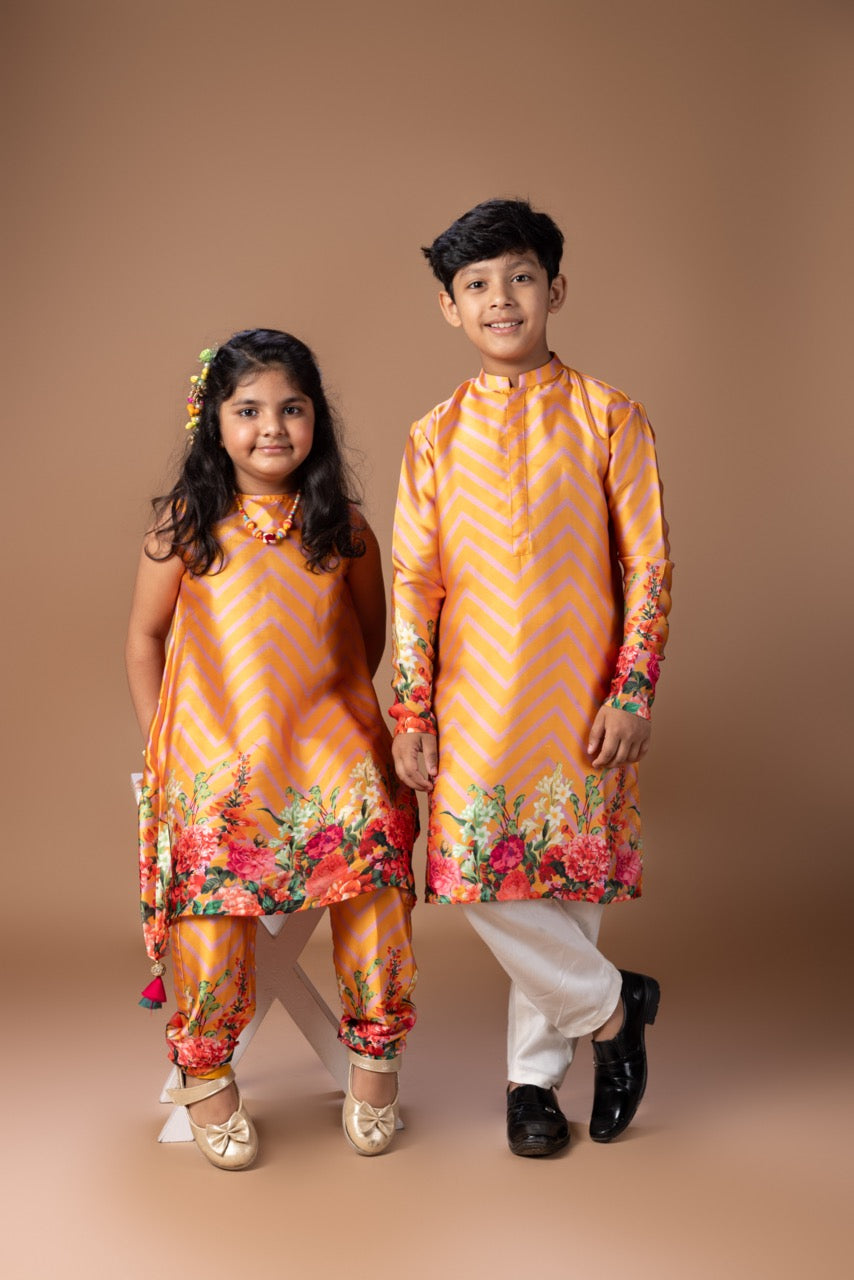 Orange Zigzig Flower Printed Kurti Top With Pant Set