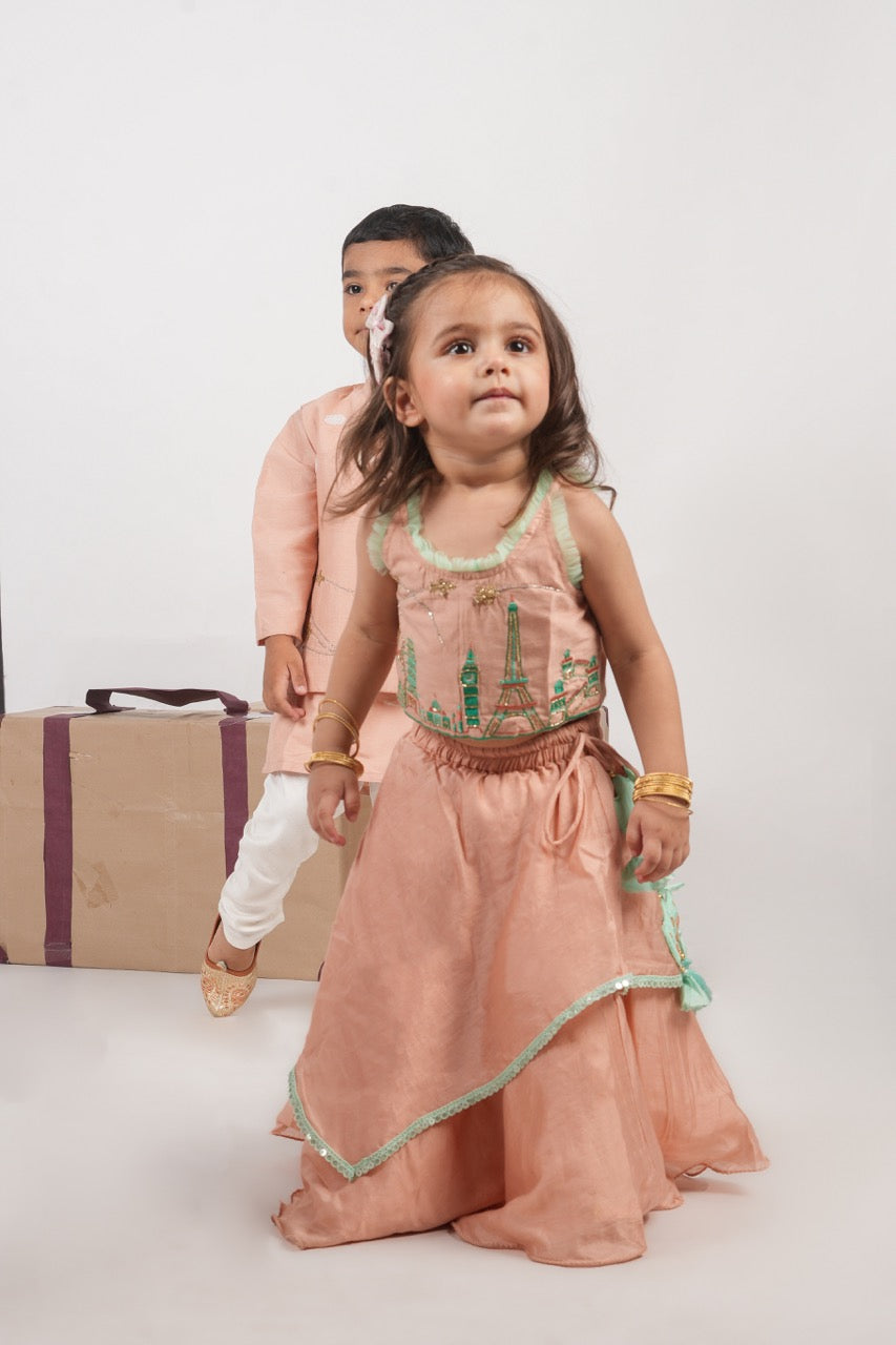 Onion Pink Travel Theme Hand Embroidered Blouse With Double Layer Ghagara Set