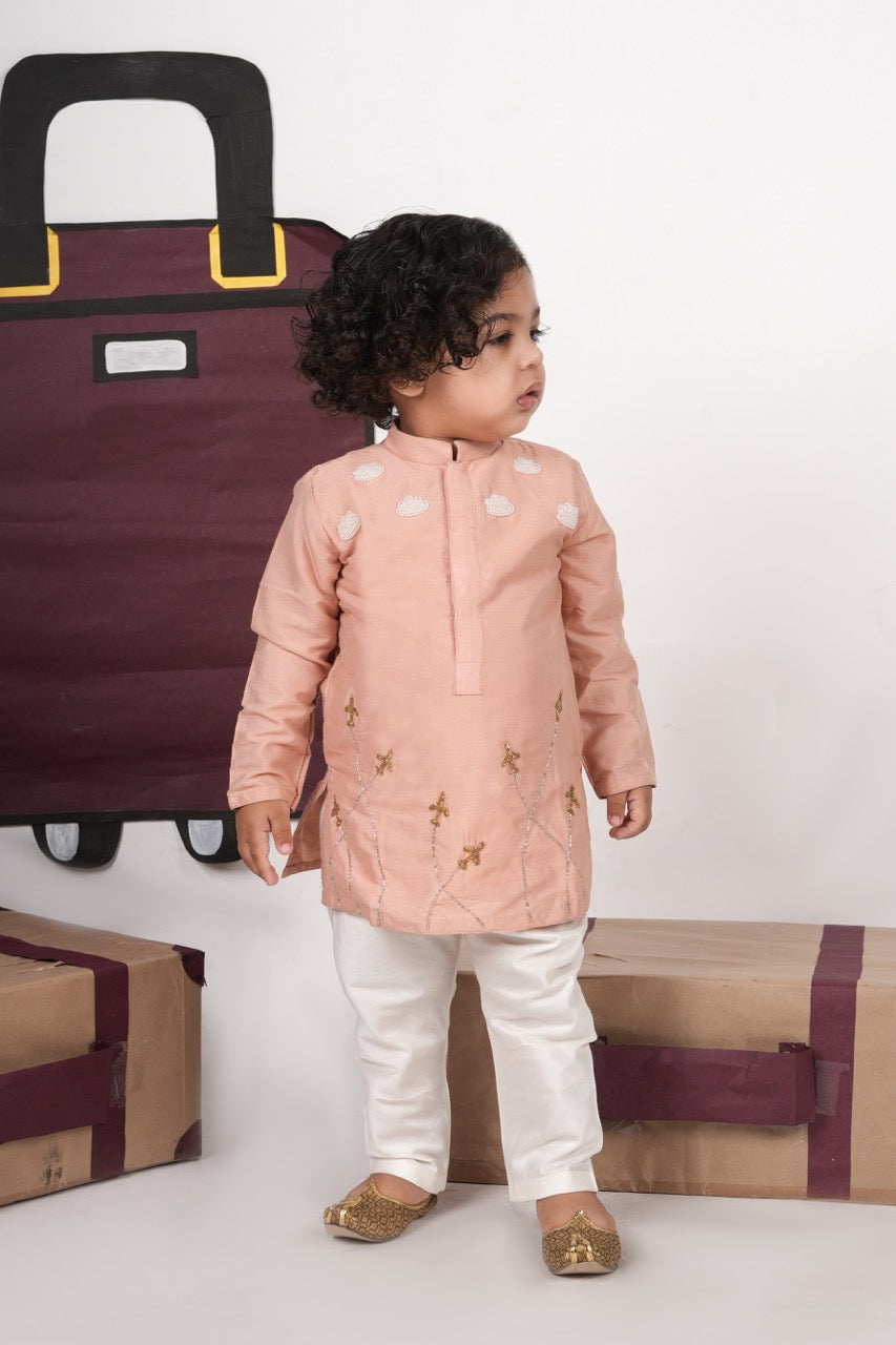 Onion Pink Aeroplane/Clouds Hand Embroidery Kurta With Pajama Set
