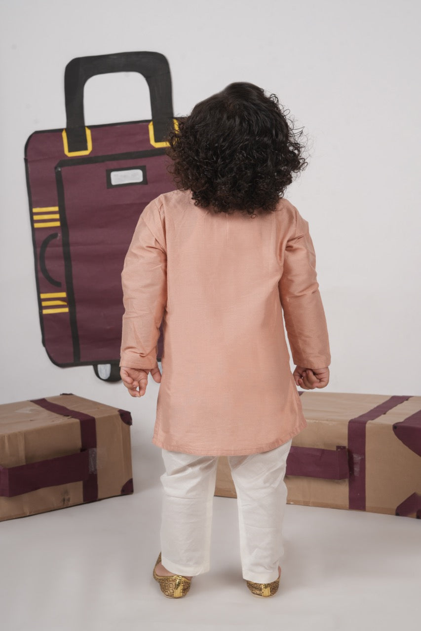Onion Pink Aeroplane/Clouds Hand Embroidery Kurta With Pajama Set