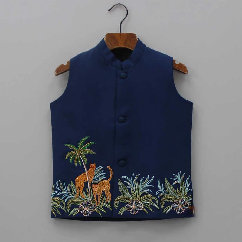 Prussian Blue Cheetah Hand Embroidery Bandhgala/Shirt/Pant Set