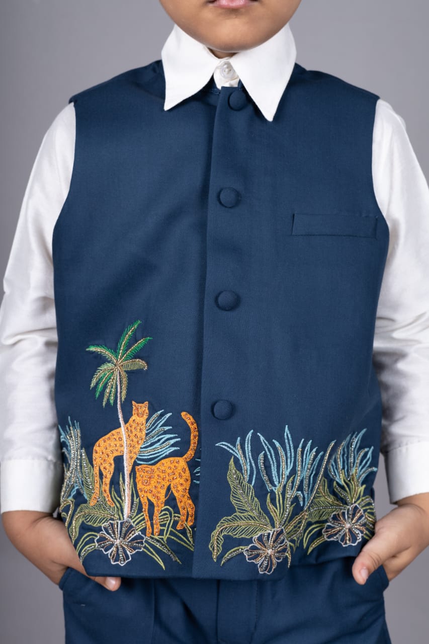 Prussian Blue Cheetah Hand Embroidery Bandhgala/Shirt/Pant Set