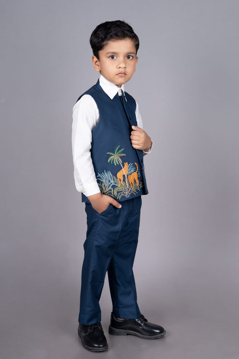 Prussian Blue Cheetah Hand Embroidery Bandhgala/Shirt/Pant Set