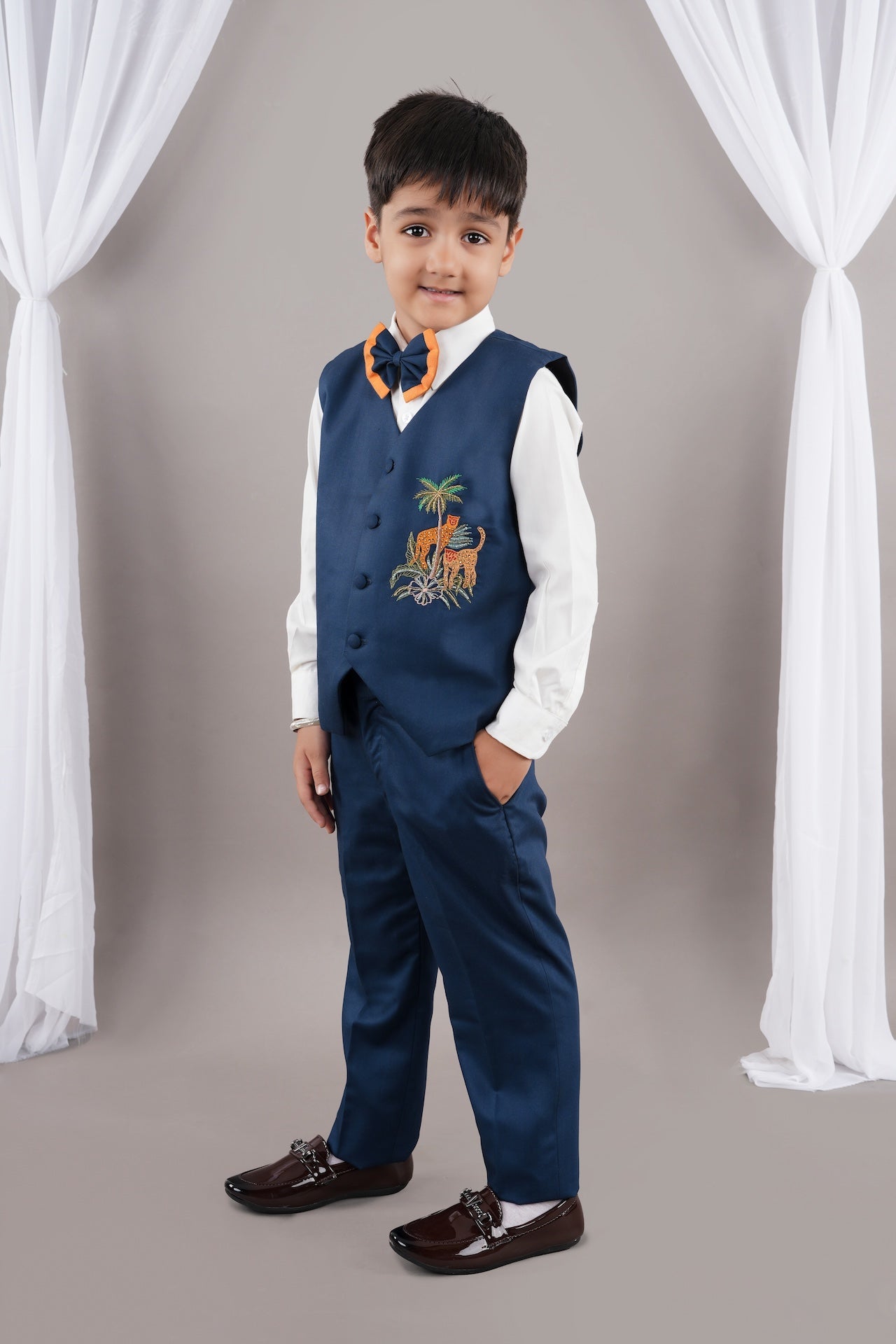 Prussian Blue Cheetah Hand Embroidery Waist Coat/Shirt/Pant Bow Tie Set