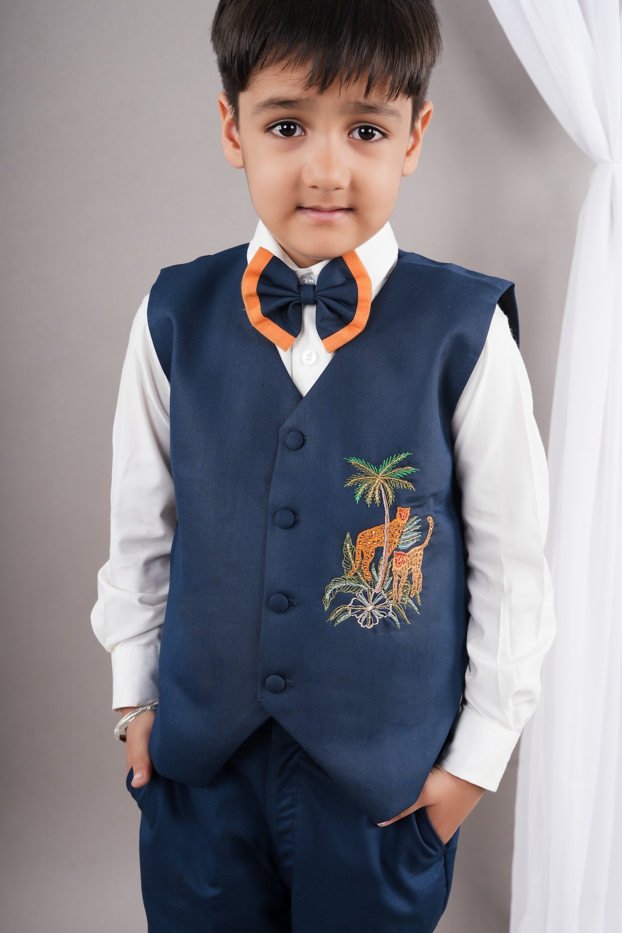 Prussian Blue Cheetah Hand Embroidery Waist Coat/Shirt/Pant Bow Tie Set