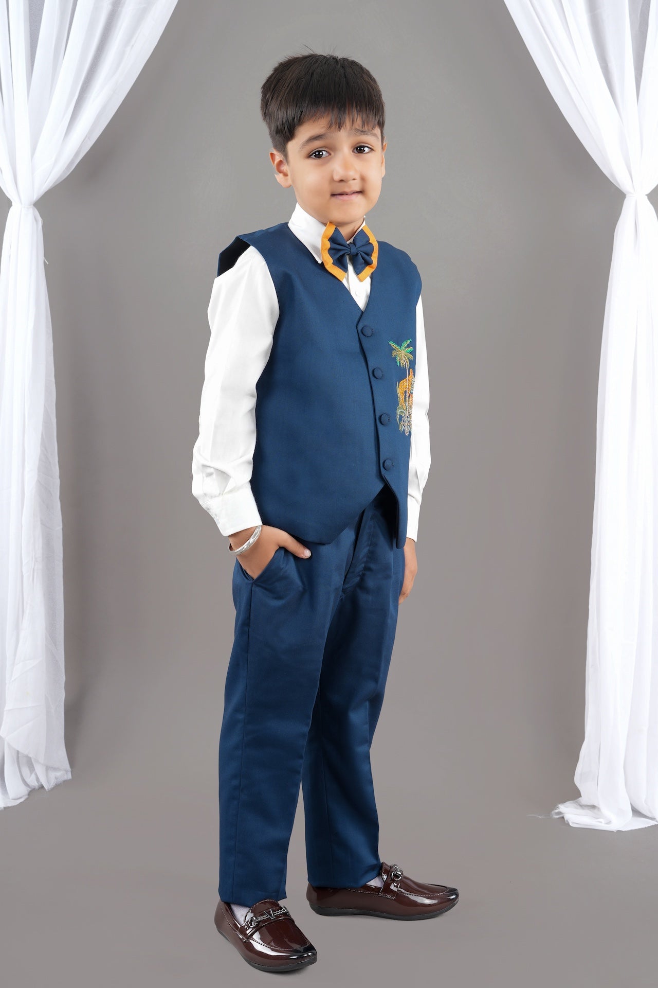 Prussian Blue Cheetah Hand Embroidery Waist Coat/Shirt/Pant Bow Tie Set