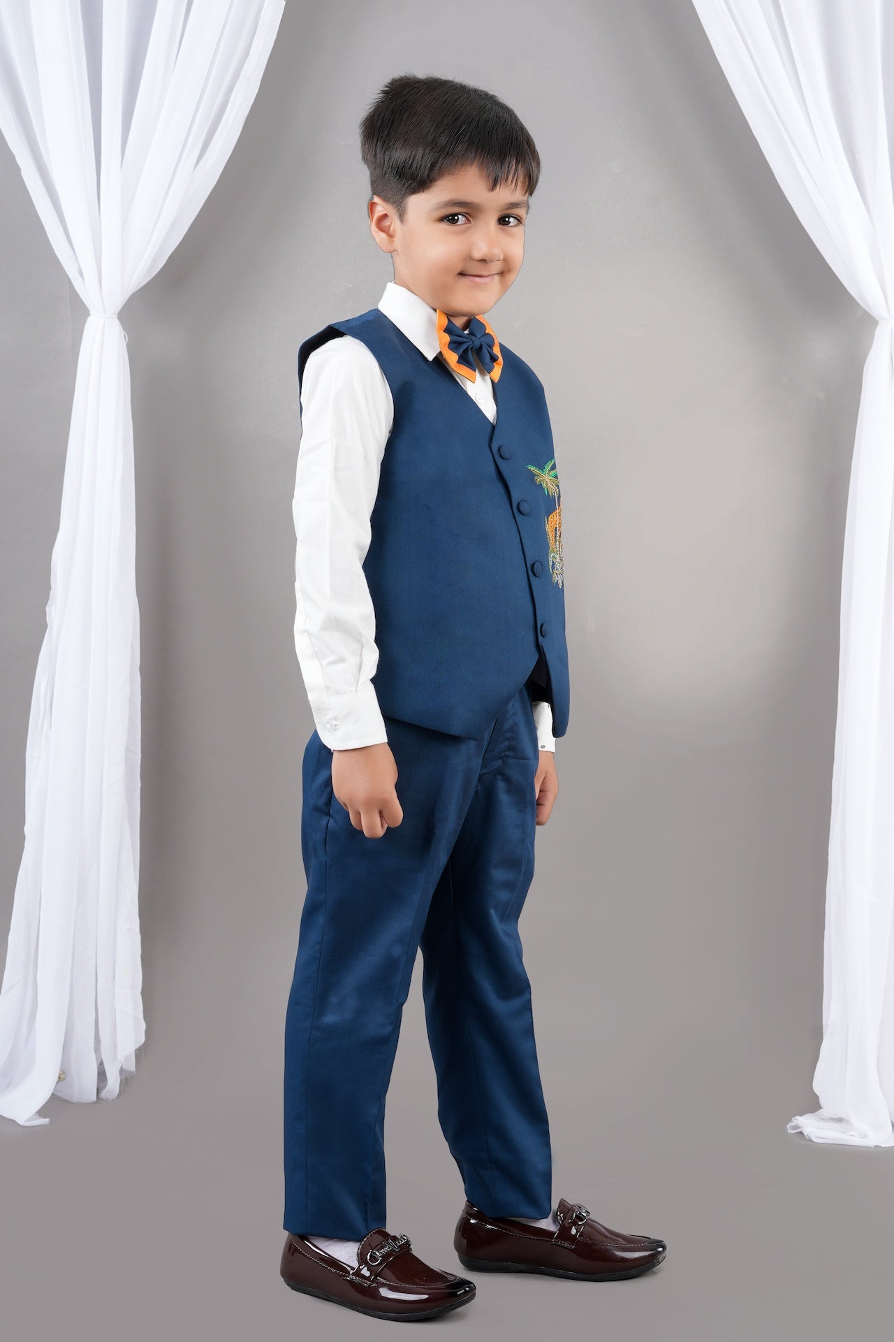 Prussian Blue Cheetah Hand Embroidery Waist Coat/Shirt/Pant Bow Tie Set