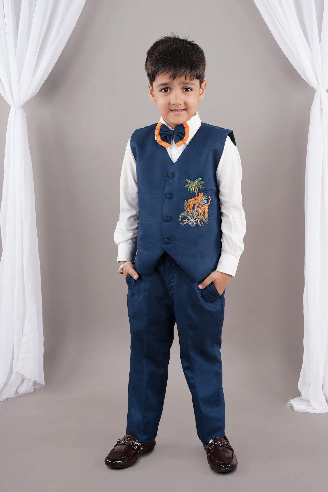 Prussian Blue Cheetah Hand Embroidery Waist Coat/Shirt/Pant Bow Tie Set