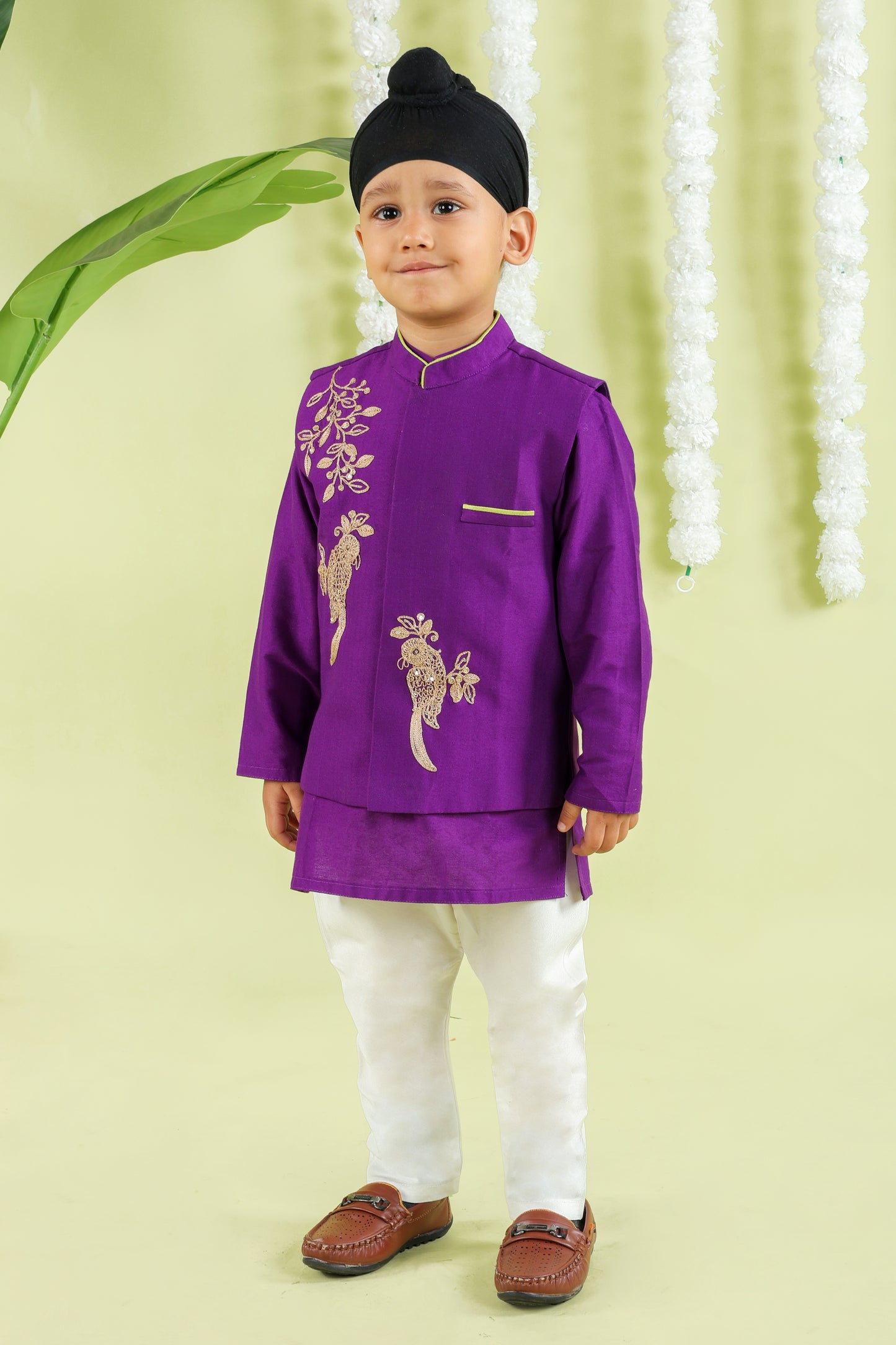 Purple Kurta With Bird Cord Embroidery Bandhgala With Bottom Set