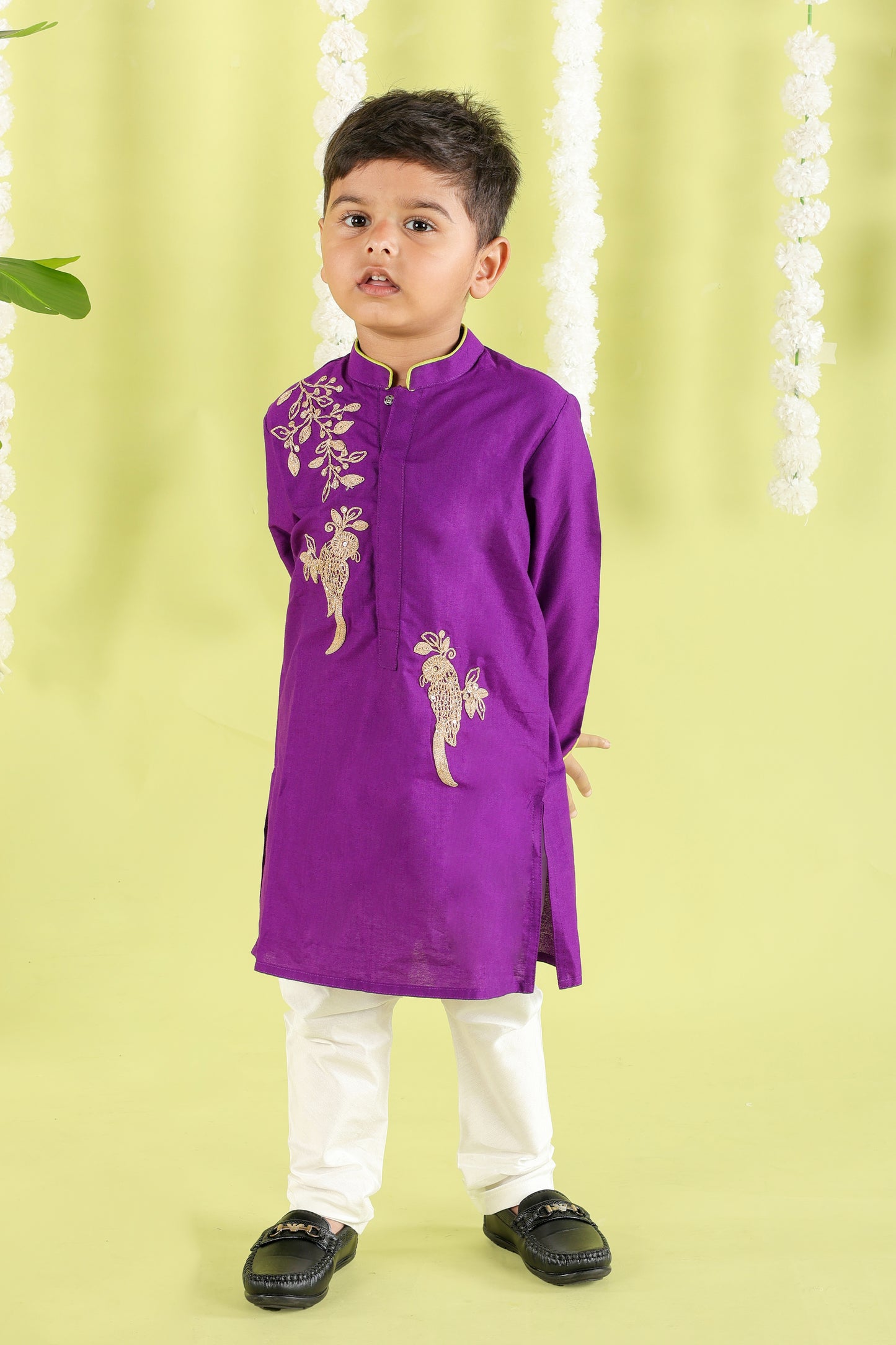 Purple Kurta With Bird Cord Embroidery With Bottom Set