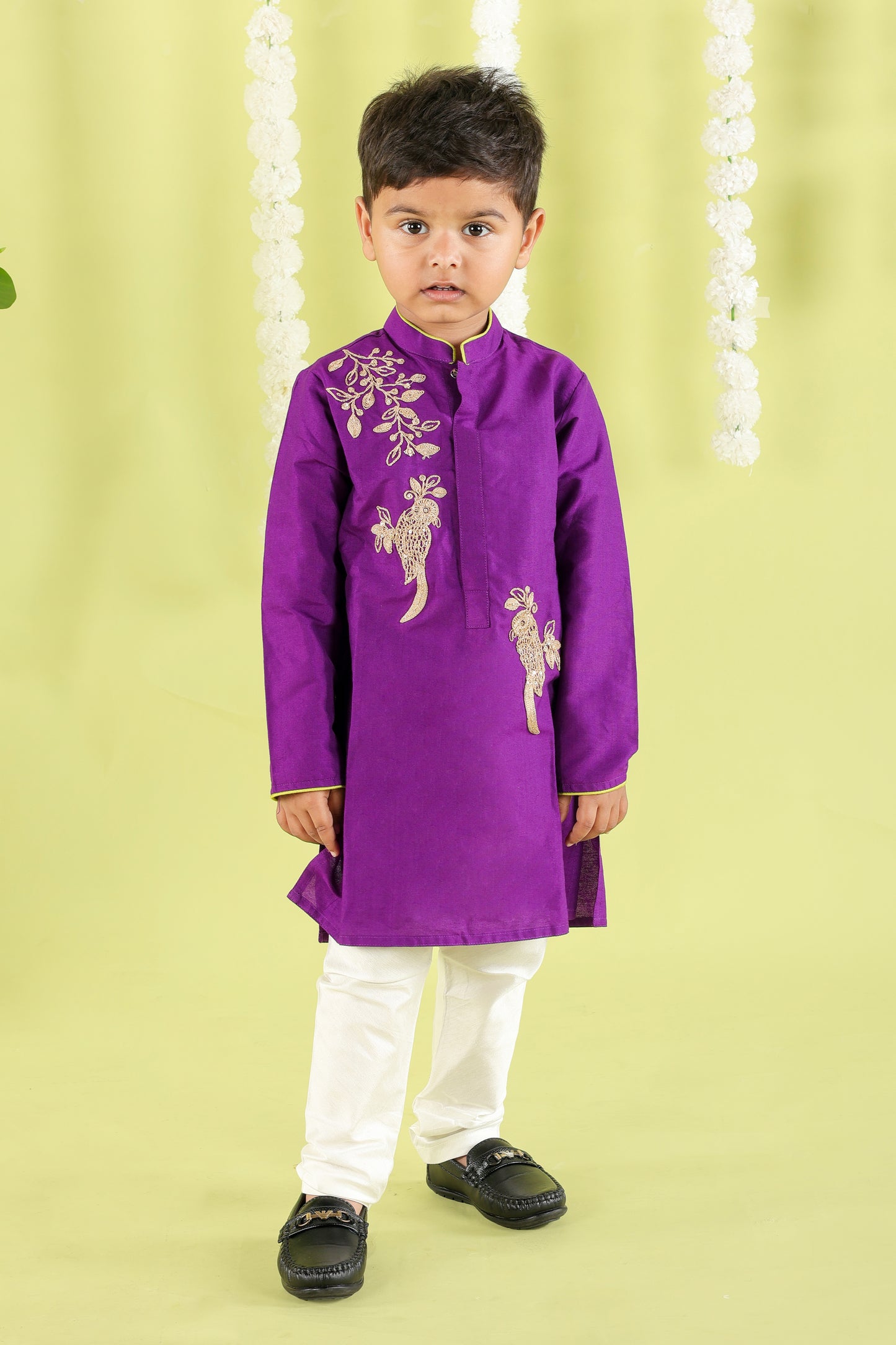 Purple Kurta With Bird Cord Embroidery With Bottom Set