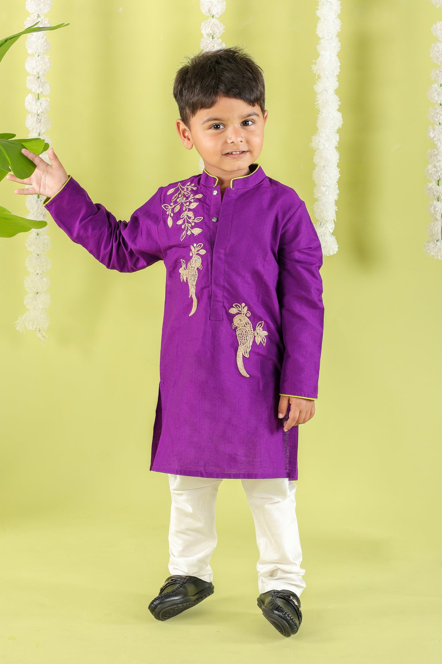 Purple Kurta With Bird Cord Embroidery With Bottom Set