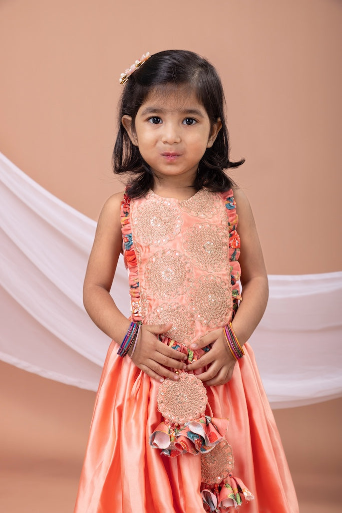 Peach Cord And Zari Embroidery Blouse With Embroidered Ghagara Set