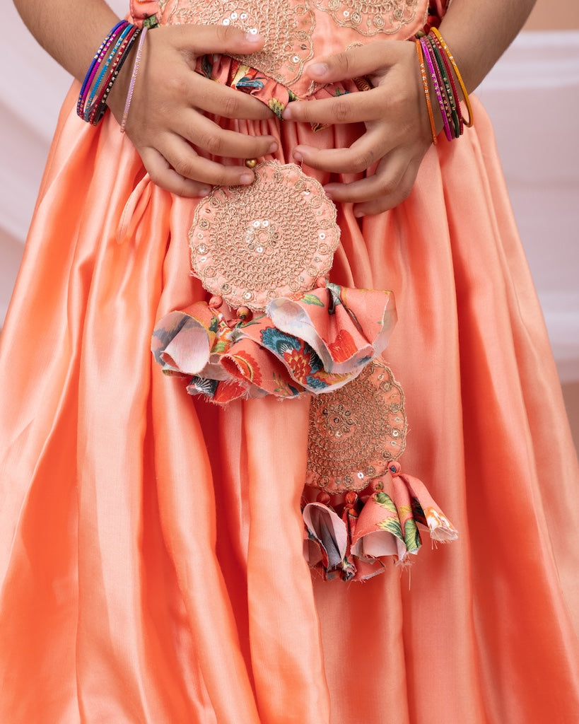 Peach Cord And Zari Embroidery Blouse With Embroidered Ghagara Set
