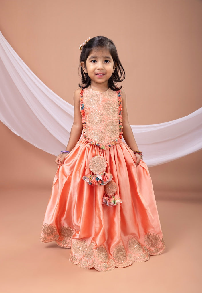 Peach Cord And Zari Embroidery Blouse With Embroidered Ghagara Set