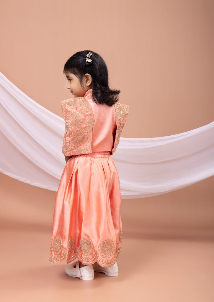 Peach Laple Collar Attached Cord And Zari Embroidered Blouse With Embroidered Plazo Set