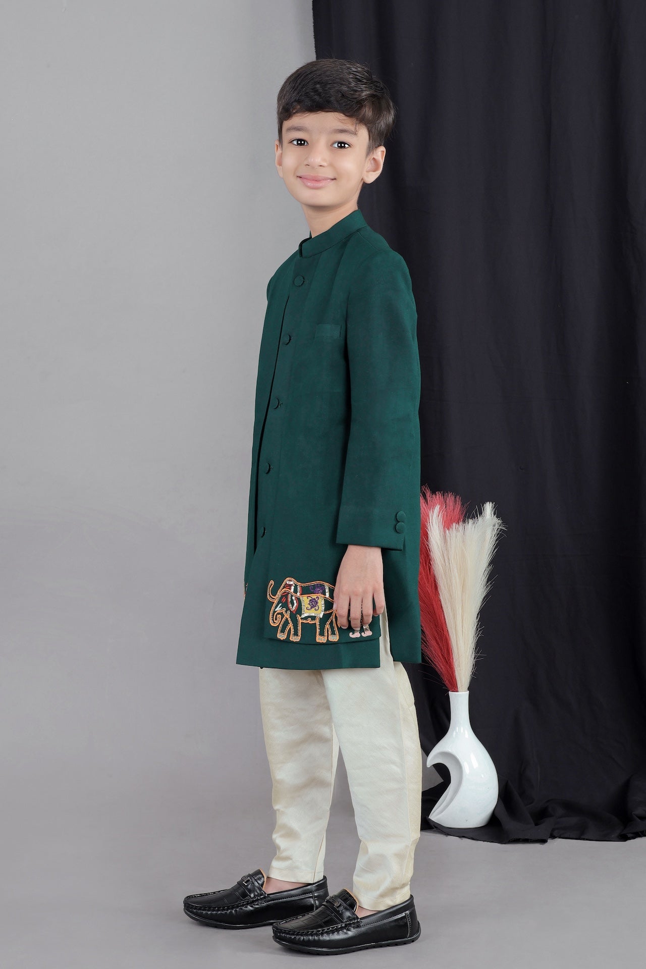 Bottle Green Front Open Palki Embroidery Sherwani With Bottom Set