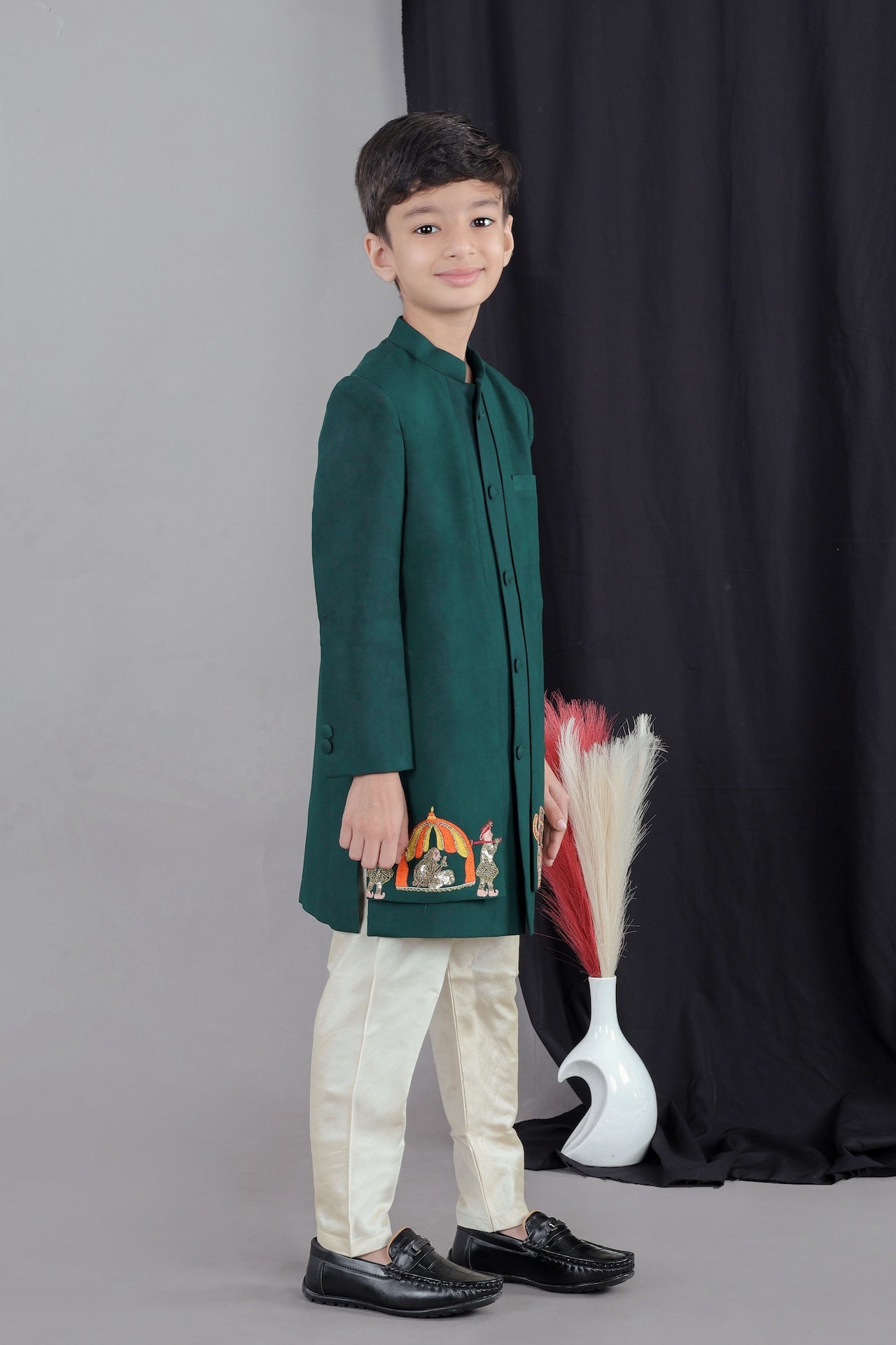 Bottle Green Front Open Palki Embroidery Sherwani With Bottom Set