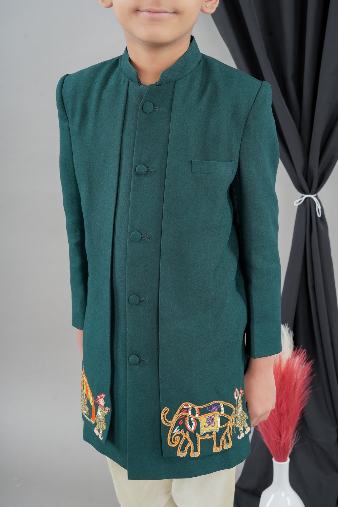 Bottle Green Front Open Palki Embroidery Sherwani With Bottom Set