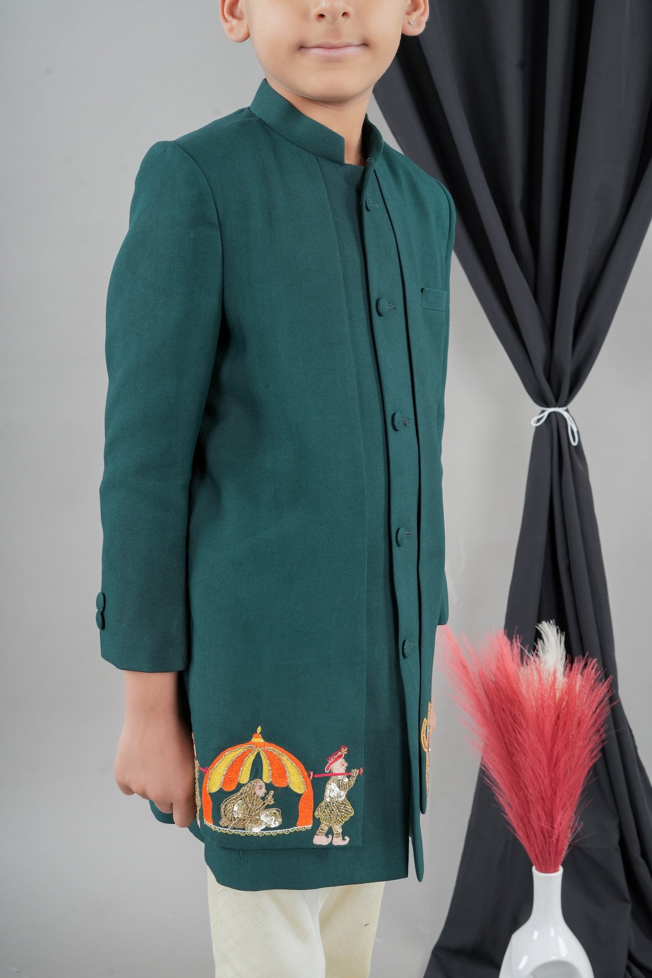 Bottle Green Front Open Palki Embroidery Sherwani With Bottom Set