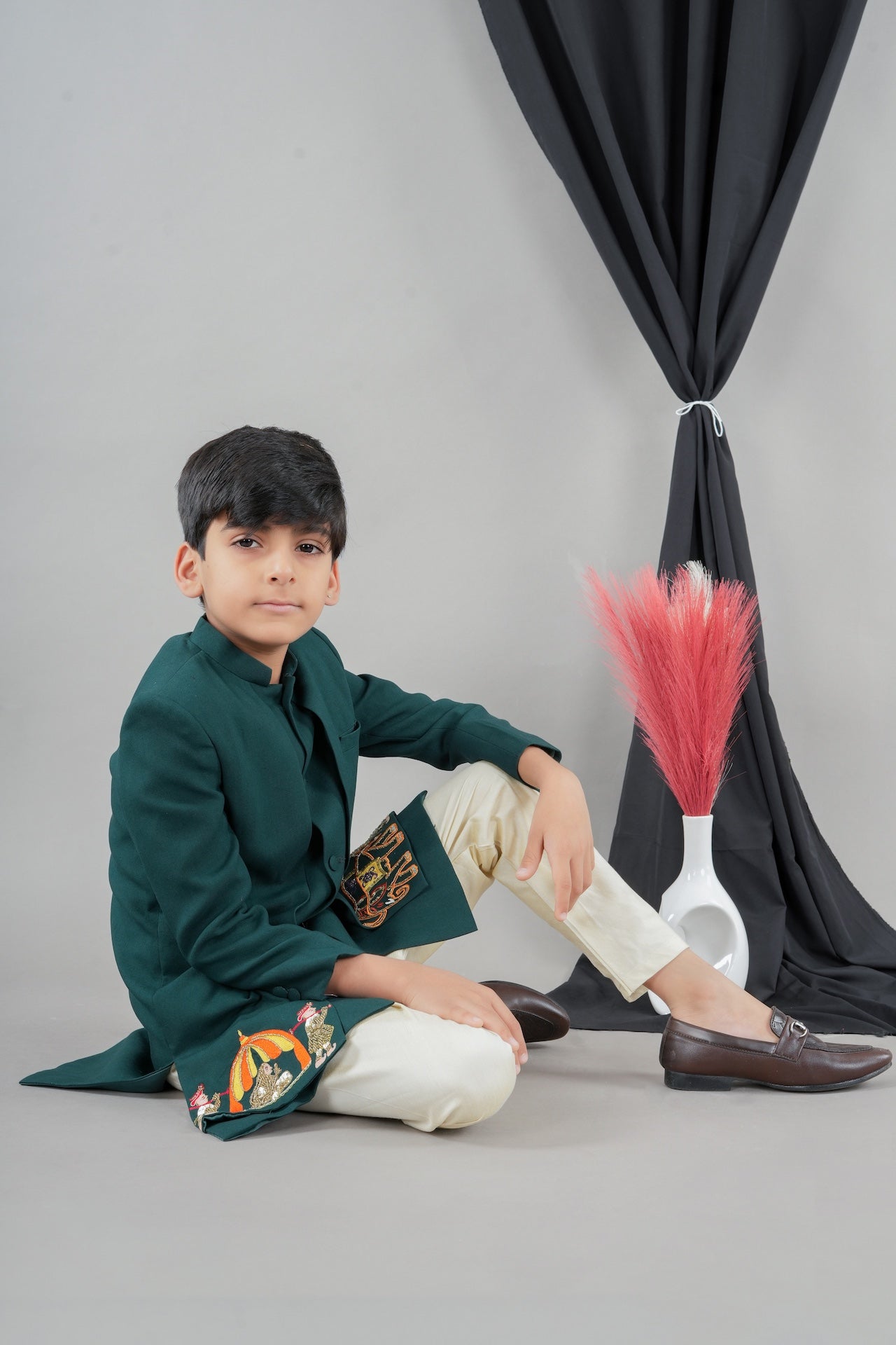 Bottle Green Front Open Palki Embroidery Sherwani With Bottom Set