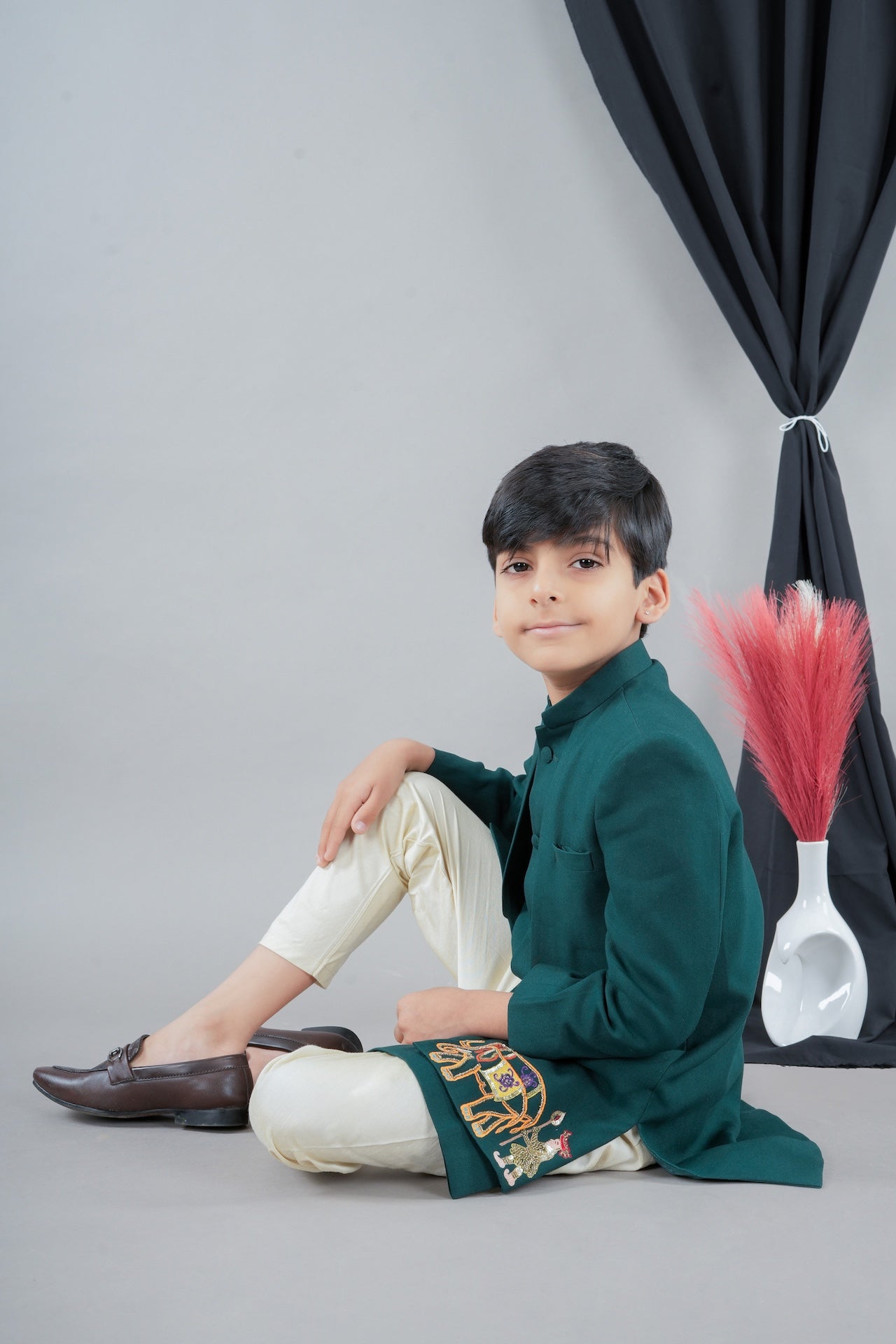 Bottle Green Front Open Palki Embroidery Sherwani With Bottom Set
