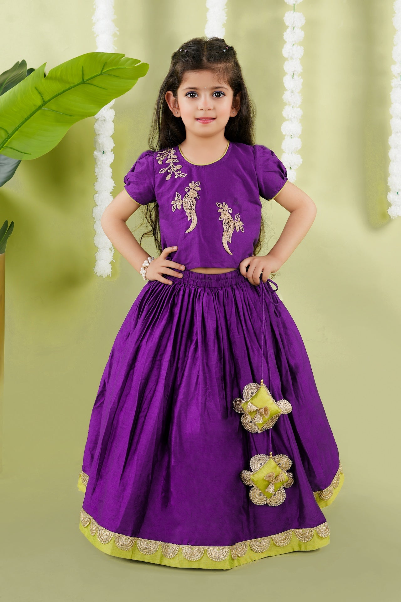 Purple Ghagara With Bird Cord Embroidery Blouse Set