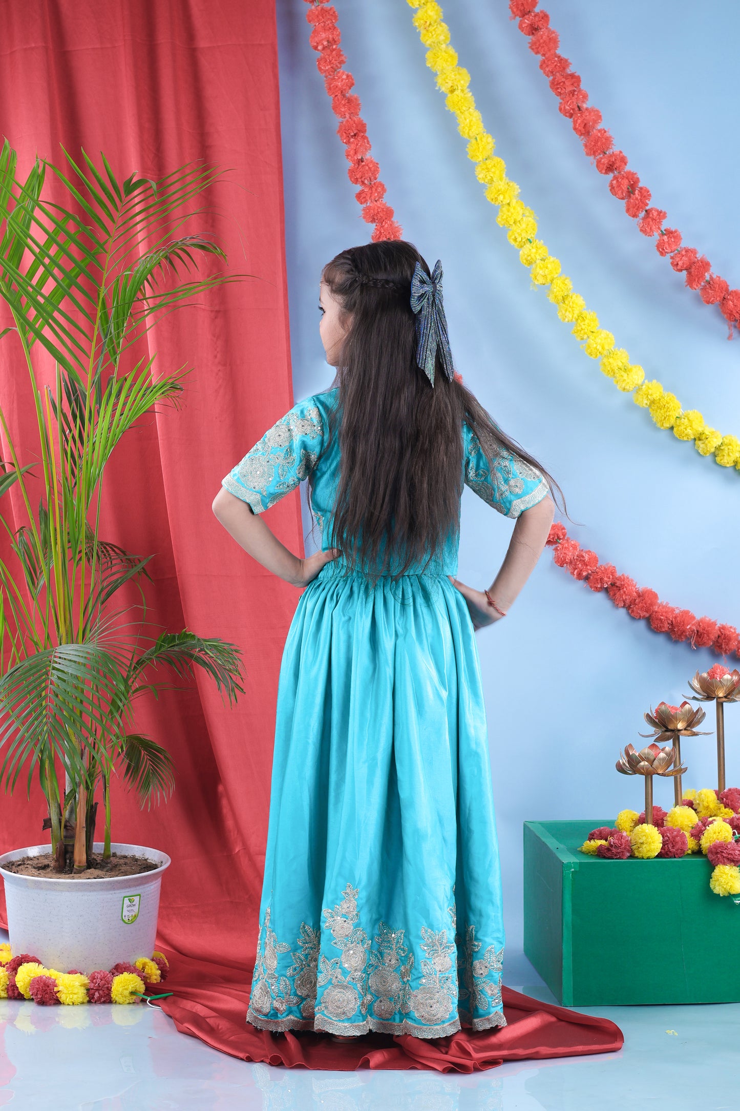 Peacock Green Embroidered Asymmetrical Top With Embroidered Plazo Set