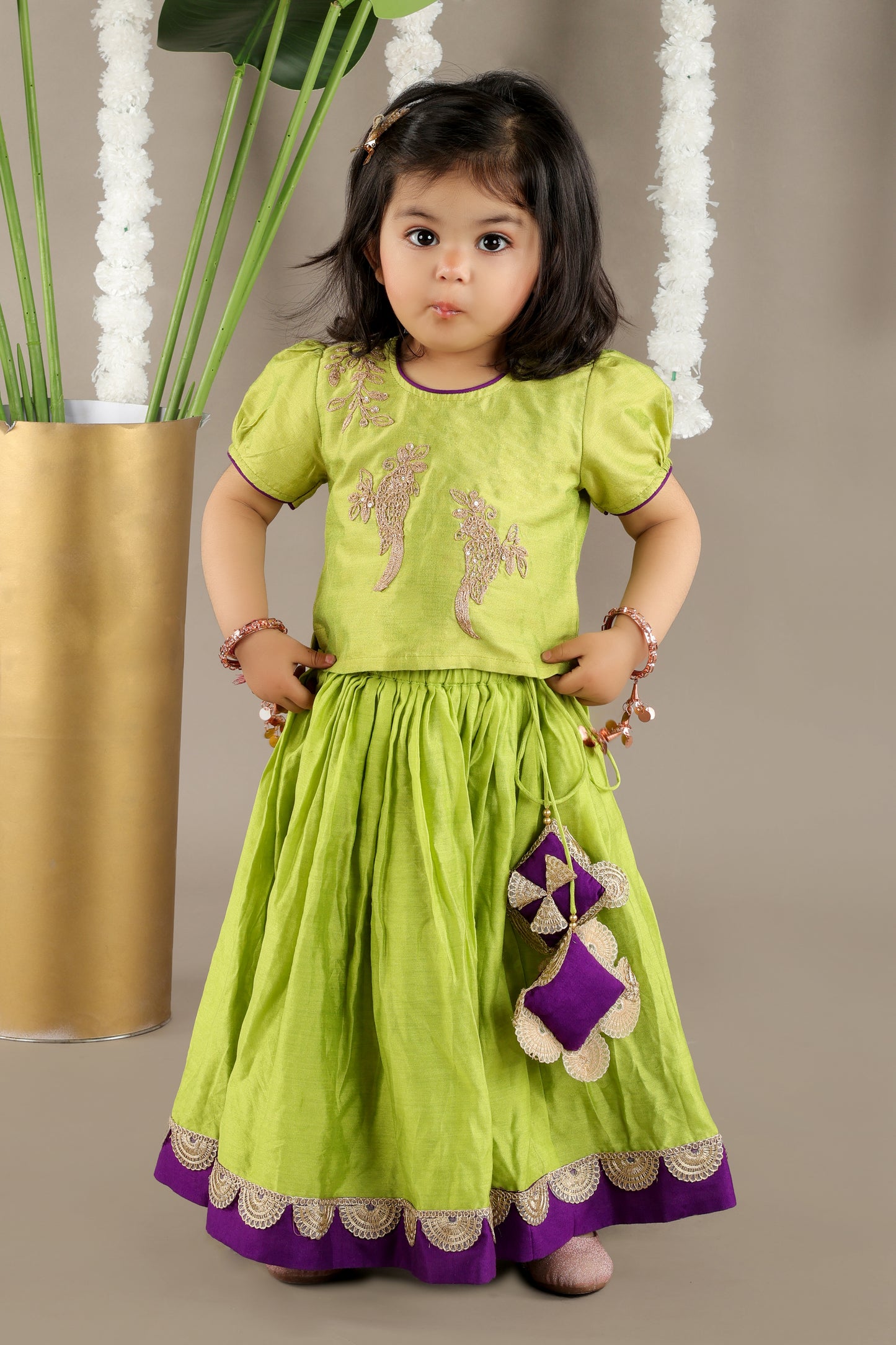 Parrot Green Ghagara With Bird Cord Embroidery Blouse Set
